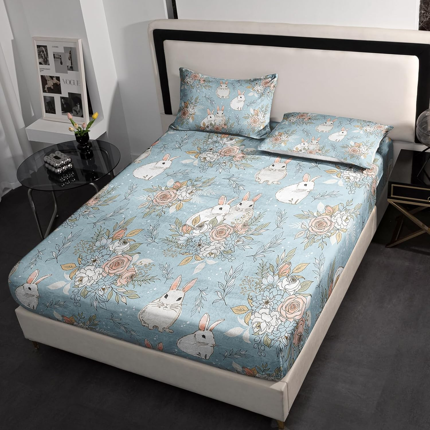 QOOMO Rabbit Flowers Fleece Bed Sheet Set,Queen 3-Piece Polar Fleece Sheet Set Includes,2 Pillowcases and 15" Deep Pocket Fitted Sheet,Velvet Plush Bedding Set,Warm and Soft image number 4