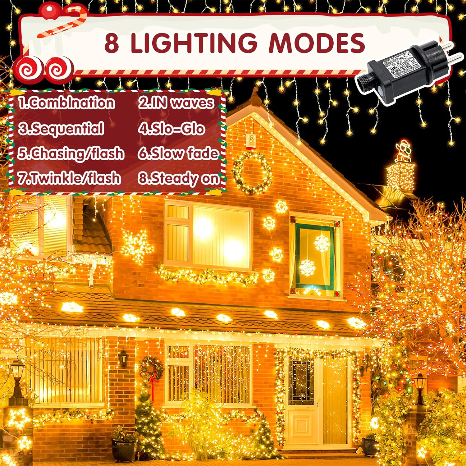 Vautvis 31V 6W Turn Signal for Garland, 2 Piece Transformer for LED String Lights, Outdoor Light Adapter with 8 Modes, Waterproof IP44 Led Transformer for Christmas Lighting