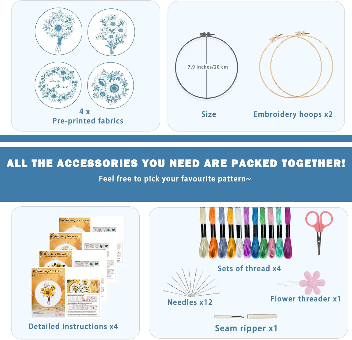 SHIPKEY 4 Sets Embroidery Kit, Beginner Stamped Stitching Kit for Adult, Starter Hand Embroidered Kits with Stamped Patterns | Sunflower image number 4