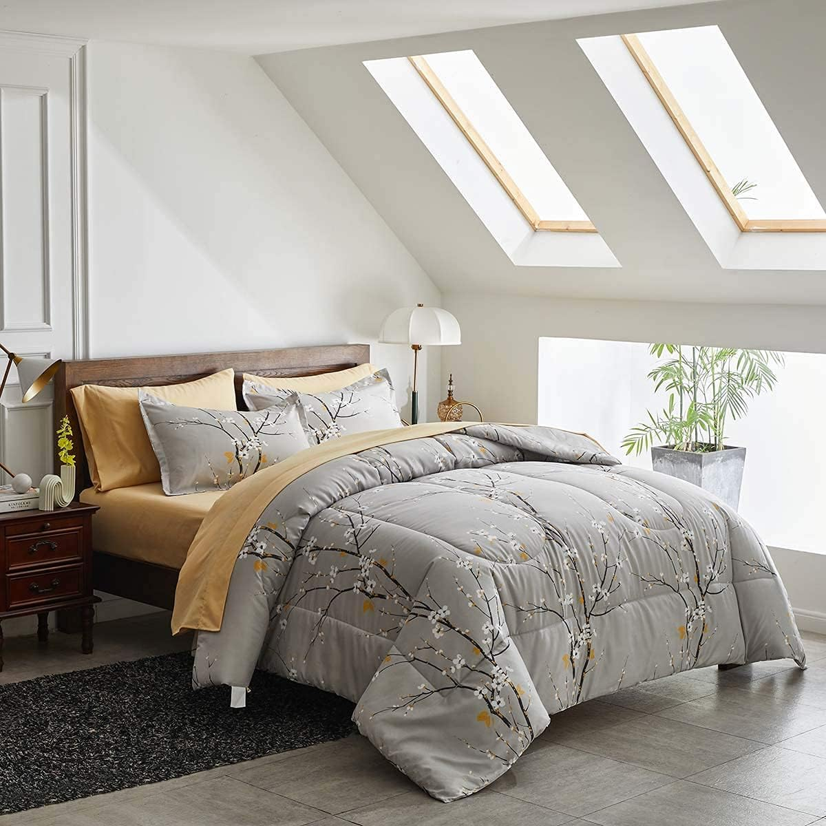 Gray Comforter Sheet Set Bed in a Bag 7 Pieces Queen Size Tree Branch Bloom Flower Spring Summer Bedding Set (1 Comforter 2 Pillow Shams 1 Tan Flat Sheet 1 Fitted Sheet 2 Pillowcases) image number 5