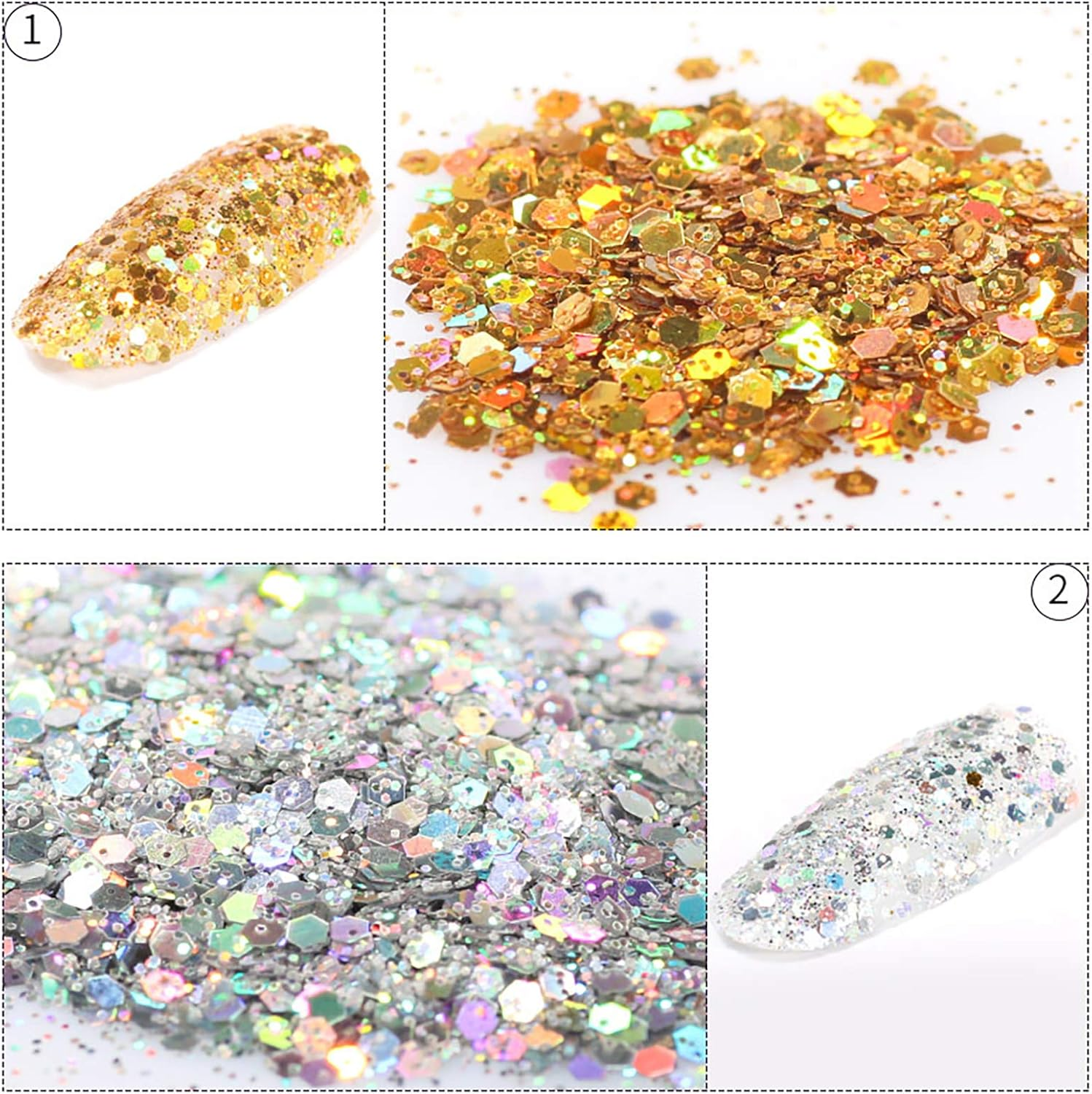 9 Packs Mixed Size Hexagon Nail Glitter Powder Sequins Shiny Colorful Nail Flakes Charm Dust image number 2