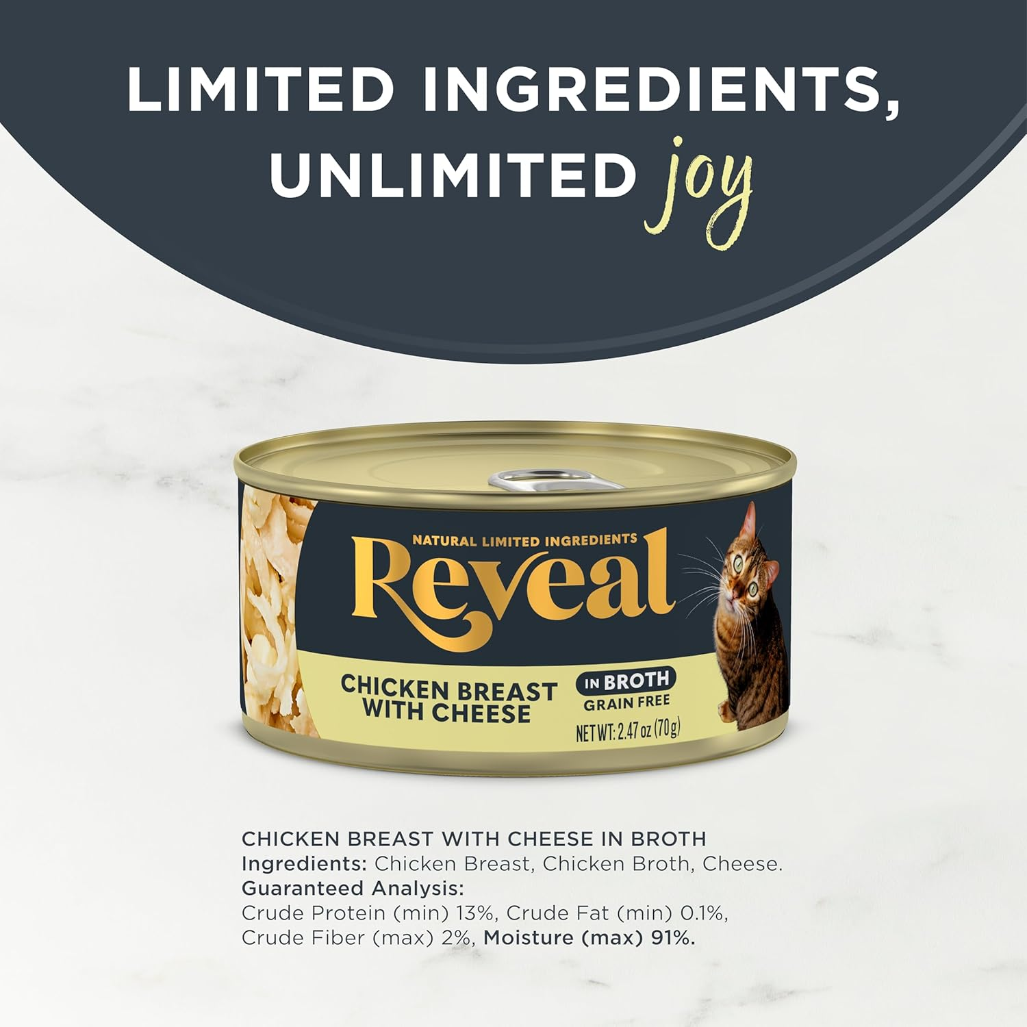 Reveal Natural Wet Cat Food, 24 Count, Grain Free, Limited Ingredient Canned Food for Cats, Chicken with Cheese in Broth, 70G Tins image number 6