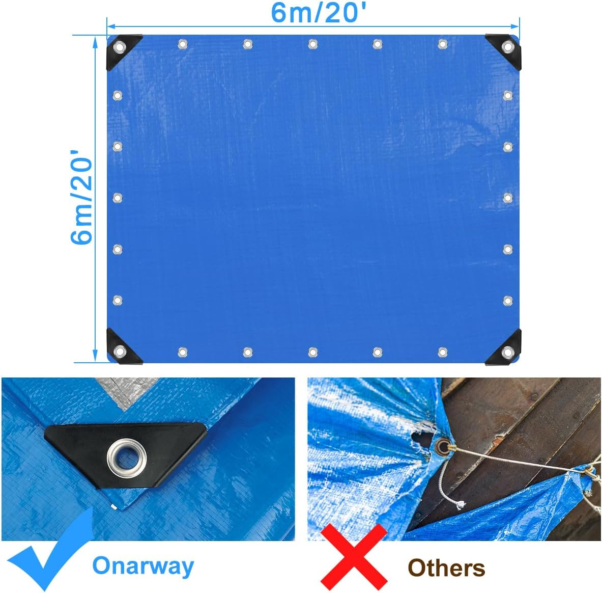 Onarway Tarpaulin 6M X 6M Thicken Tarpaulin Waterproof Heavy Duty 110GSM with Reinforced Grommets, Tarp Sheet Cover for Multipurpose Outdoor Use, Blue image number 3