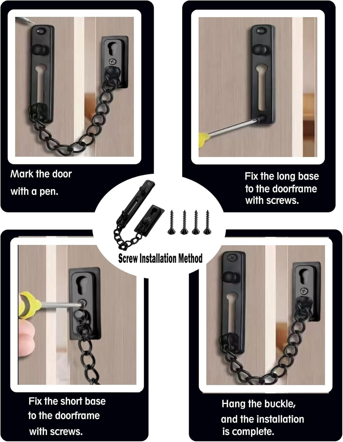 Security Door Chain Lock, Heavy - Duty Stainless Steel Door Guard with 2 Installation Methods (Screws & Glue), anti - Theft Chain for Home, Hotel, Door, Window, Drawer, Cabinet（1 Pack, Black） image number 6