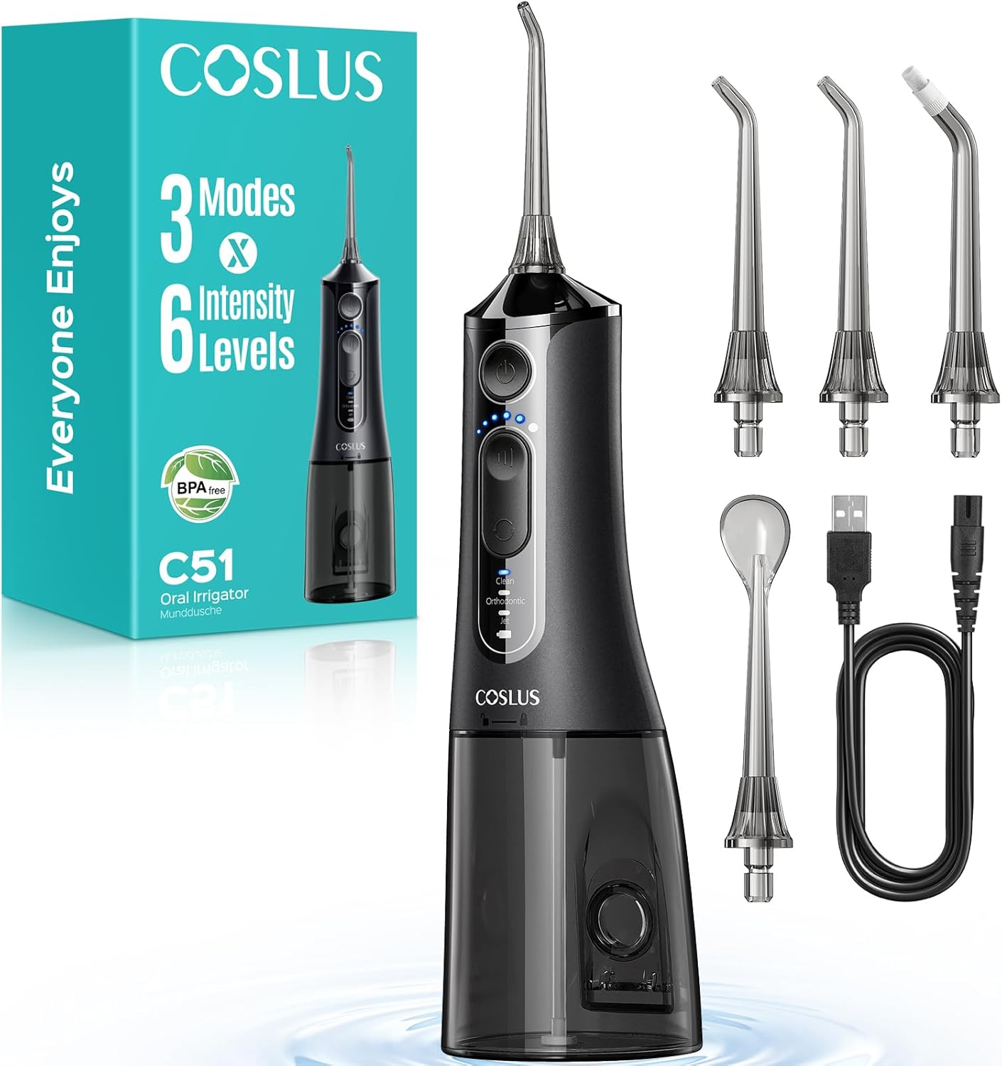 COSLUS Portable Water Flosser for Teeth: 3 Modes & 6 Pressure Settings Oral Irrigator with Jet Mode for Braces & Sensitive Gums, Compact for Travel, 300ML Tank for Multiple Users, Bpa-Free, White, C51
