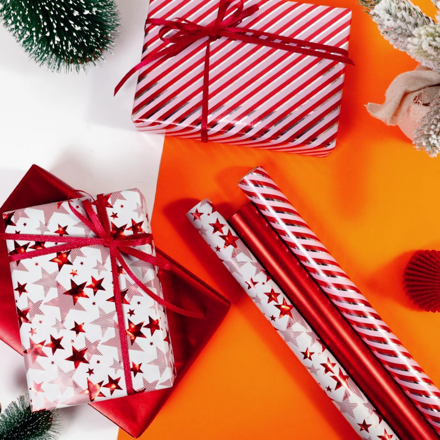 AUPOINT Kraft Wrapping Paper, 3 Rolls, 45Cm Width 3M Length Each, Classical Start Pattern,Bright Aluminum Plated Paper with No Color Difference, Mother'S Day Wedding Birthday Gift Wrapping Paper image number 1