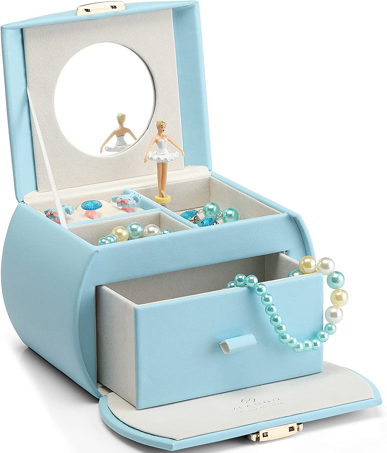 Vlando Musical Jewelry Box for Girls Kids with Drawer, Music Box with Ballerina and Stickers for Birthday Bedroom Decor, Blue