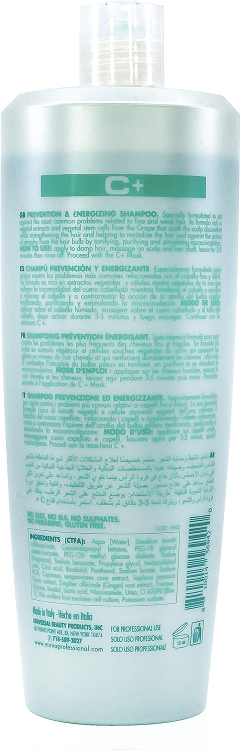 Prevention & Energising, anti Thinning Shampoo. Infused with Grape Stem Cells, Panthenol, No Sulphate, Gluten Free, No Paraben, and No SLS. Unisex Item. 1000Ml / 33.8Oz