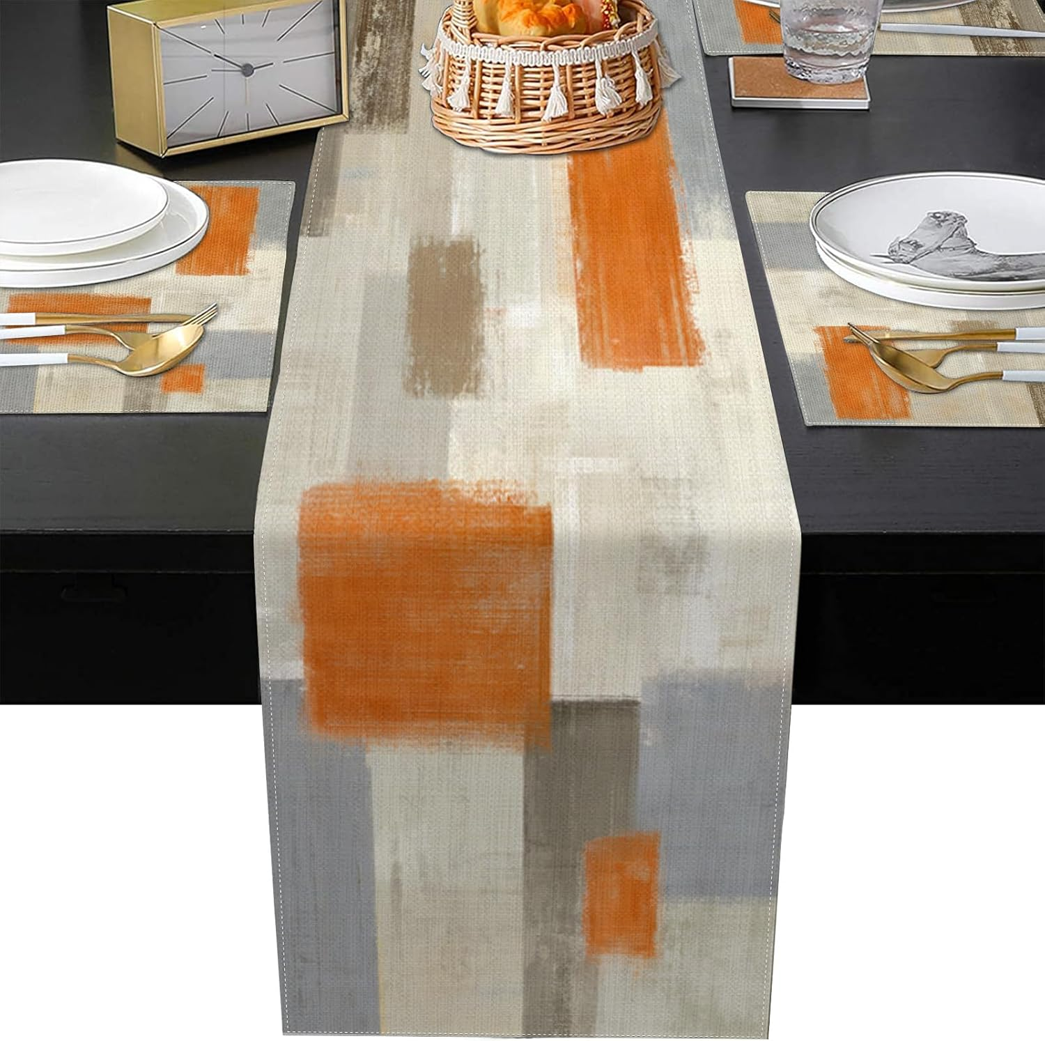 Emvency Farmhouse Table Runner and Placemats Set of 6, Cotton-Linen Modern Orange and White Painting Art Dining Table Decor for Daily Use(1 Table Runner 72Inches Long and 6 Placemats) image number 3