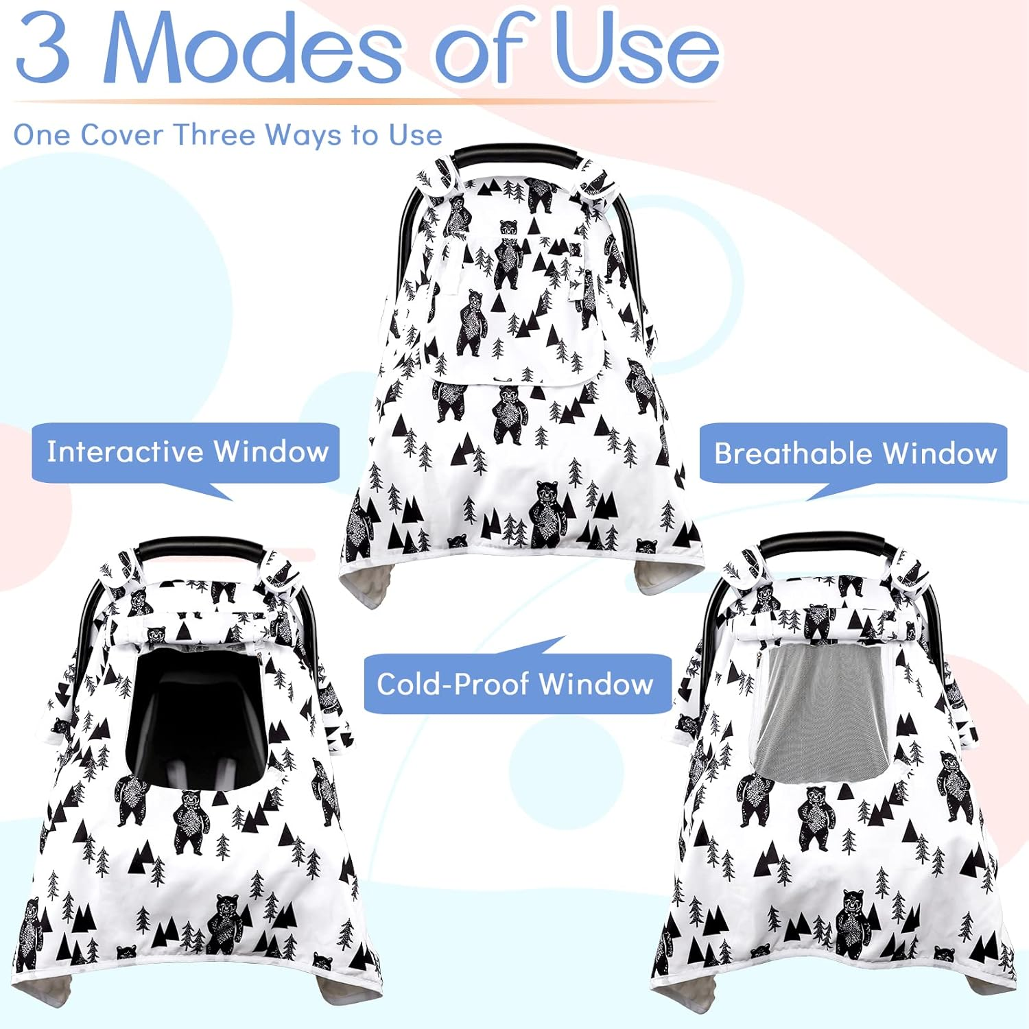 Baby Carseat Cover Boys, Newborn Car Seat Canopy, Minky Cozy & Warm Cover, Winter Carrier Cover with Peep Windows, Soft & Breathable, Bear Stuff image number 4