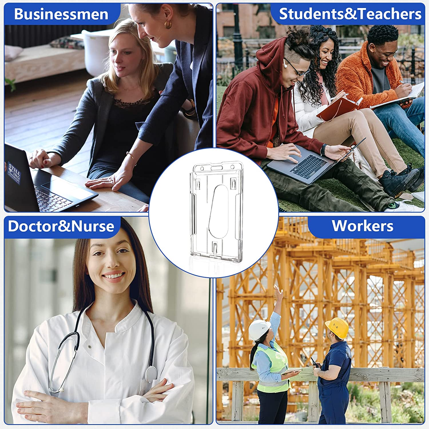 Teskyer 2 Pack Heavy Duty Retractable Badge Reel Clip with Hard Plastic Clear Badge Holders, Holding 2 Pieces of ID Badge Name Card, Vertical and Horizontal Style