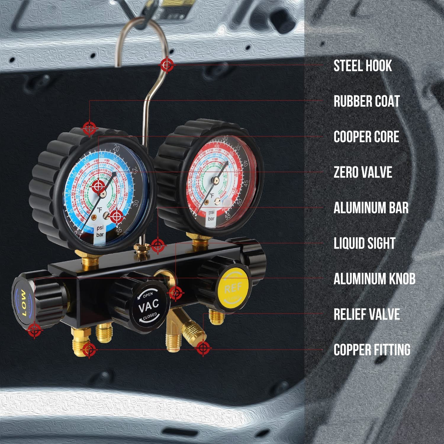 Lichamp HVAC Gauges with Hoses, AC Manifold Gauge Set R410A R134A R12 R22 Refrigerant Gauges image number 4