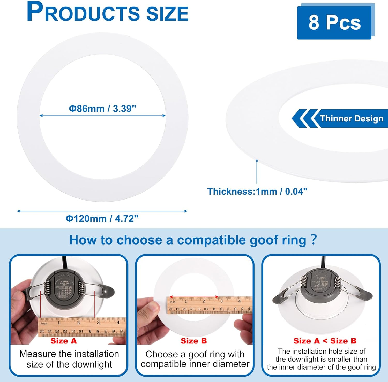 Uxcell Goof Rings Inner Diameter 3.39", Outer Diameter 4.72", 8 Pcs Metal Goof Rings Cover Recessed Light Trim for Ceiling Wall Fixtures Can Lighting down Light LED, Matte Finish White image number 1