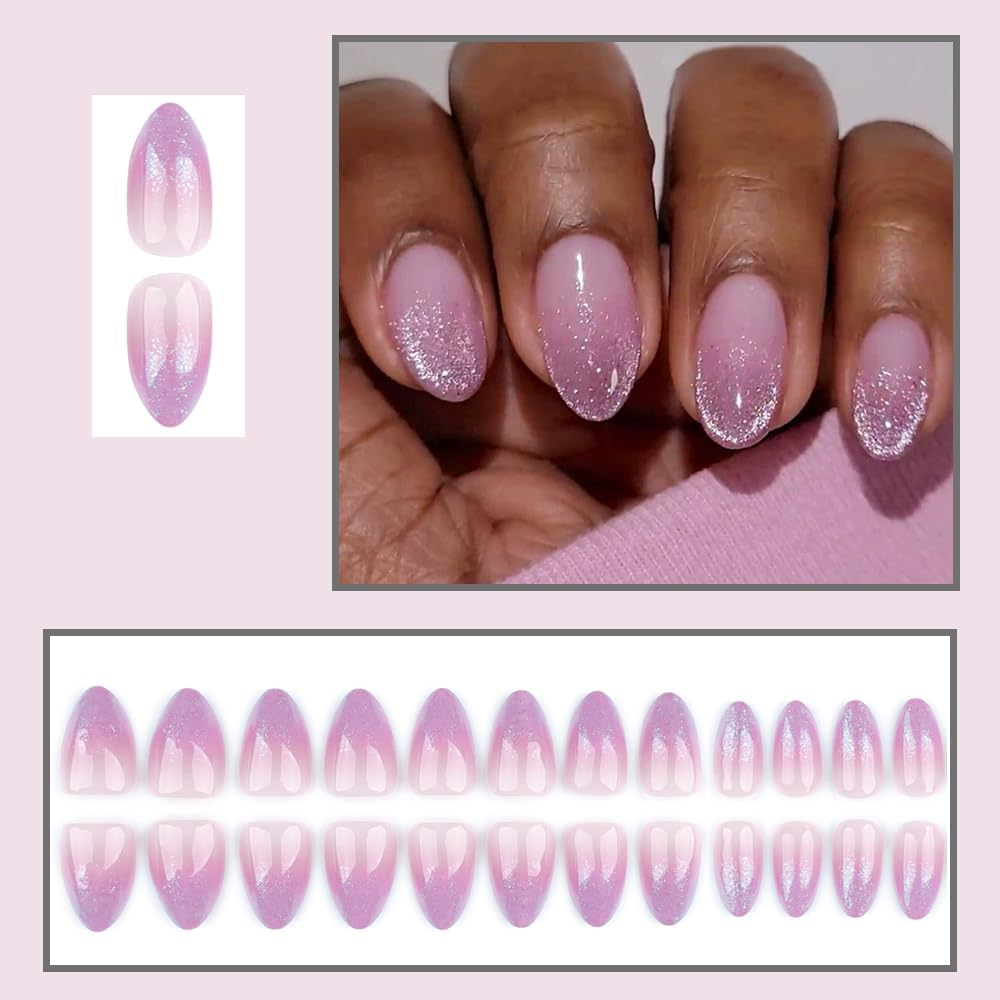 Press-On Nails Set, 24 Pieces Square False Nails for Sticking, Acrylic Fingernails (Flash Powder, Short) image number 2