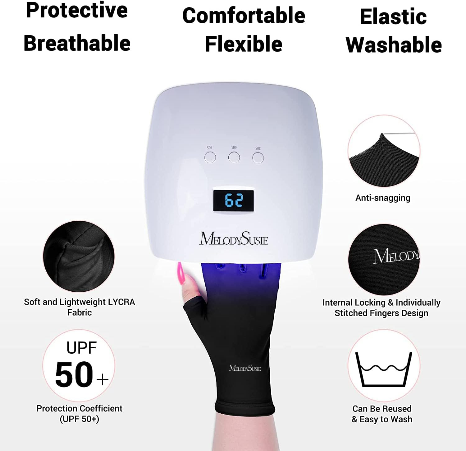 Melodysusie UV Gloves for Gel Nail Lamp, Professional UPF50+ UV Protection Gloves for Manicures, Art Skin Care Fingerless Glove for Women Men Protect Hands from Sun and Nail Dryer Harm (Black)