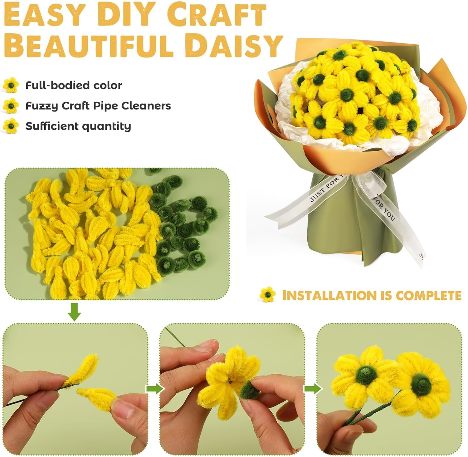 Pipe Cleaners Craft, Pipe Cleaners Craft Supplies 250PCS, Little Daisies Flower Making Kit with Instructions for Adults DIY Arts Crafts Wedding Bouquet Party