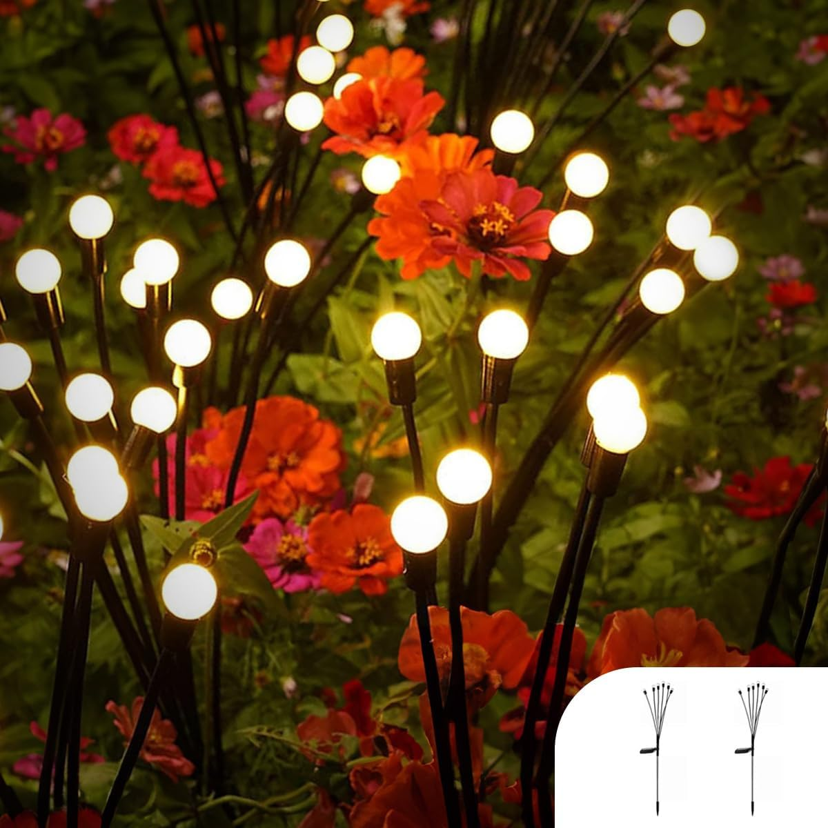 2 Pack Solar Fairy Lights Outdoor, 6 Head Each Total 12 LED Firefly Lights IP65 Waterproof Solar Starburst Swaying Lights for Garden Christmas Diwali Patio Decorations - Warm White image number 1