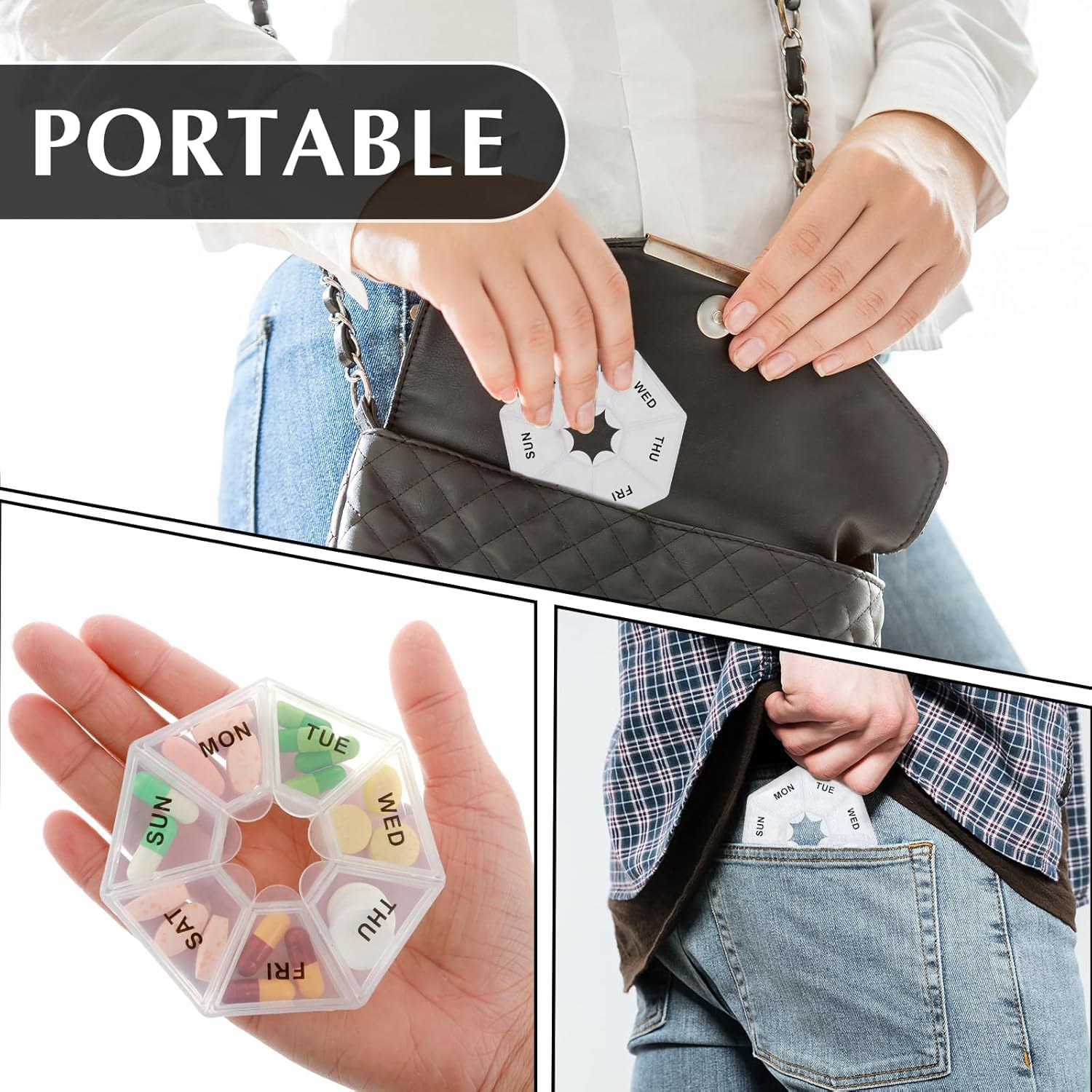 Weekly Pill Organizer, Portable Pill Organizers, with 7 Compartments, Travel Pill Case, for Vitamin, Medicine, Fish Oil, Supplements (Transparent) image number 5