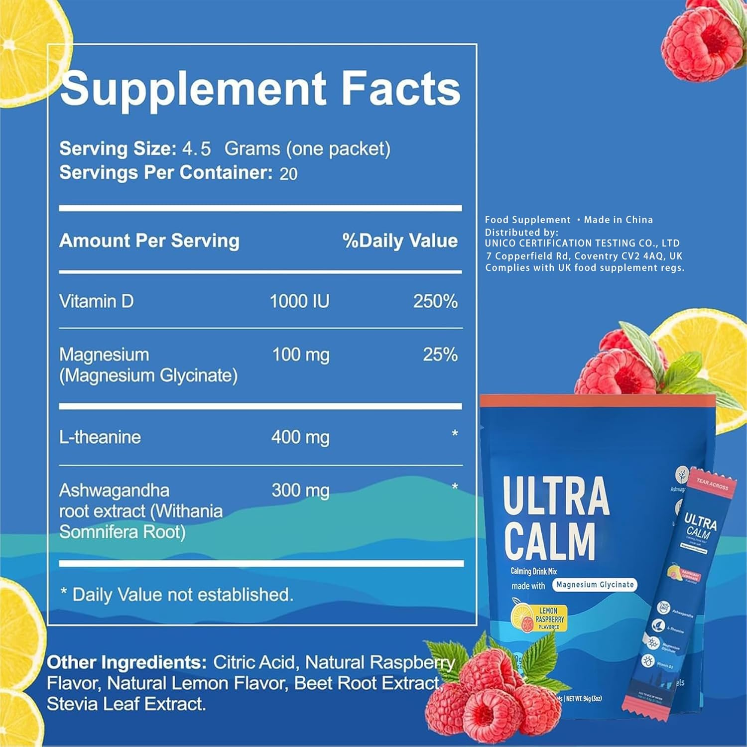Ultracalm Drink Mix &ndash; Raspberry Lemonade | Magnesium Glycinate + L-Theanine + Ashwagandha | Daily Nutrient Blend | Sugar-Free, Non-Gmo, Gluten-Free | 20 Packets