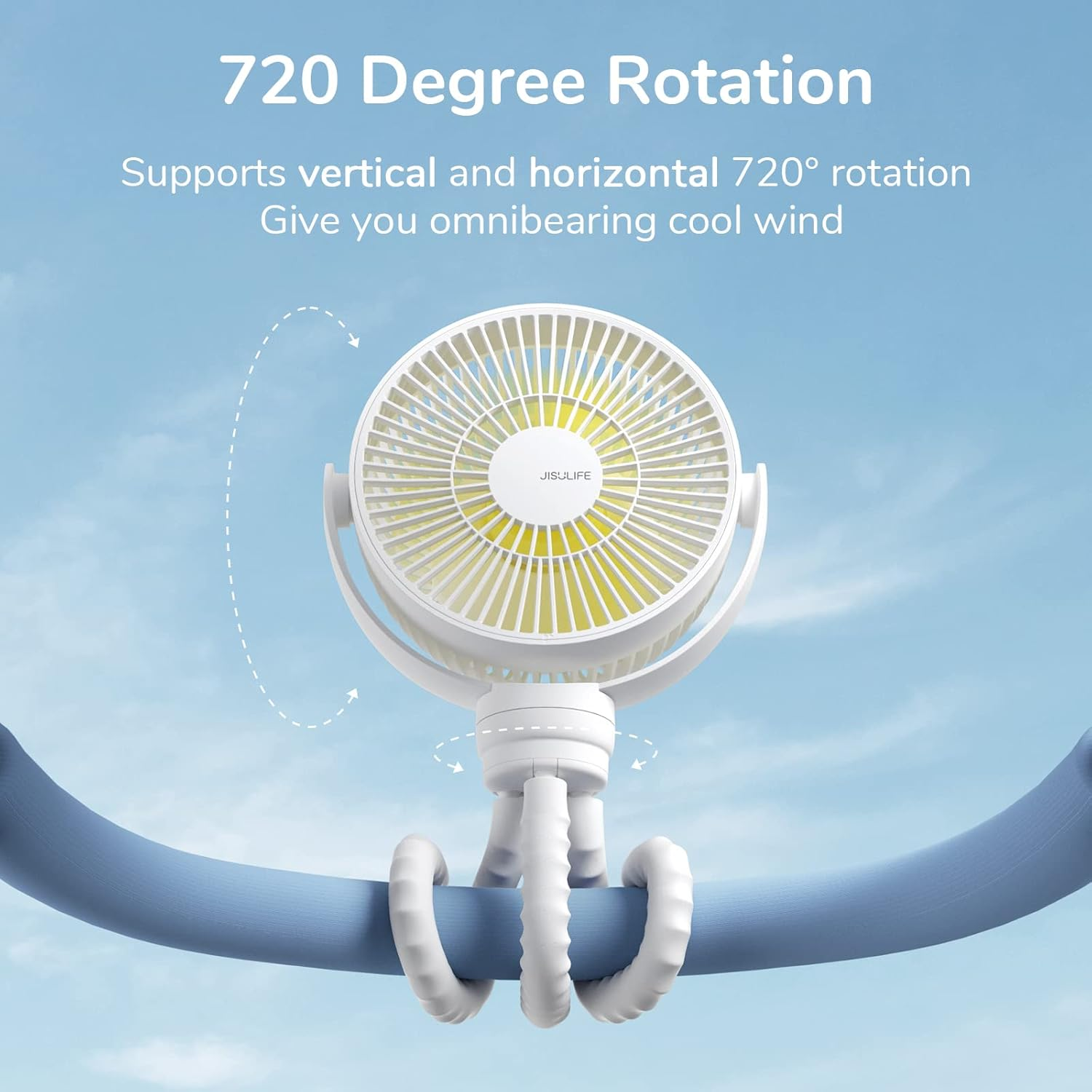 JISULIFE Stroller Fan, Tripod Clip on Fan, 4000Mah Baby Fan Battery Operated, Personal Desk Fan with 4 Speeds, 720&deg;Rotatable, Portable Fan for Cribs, Carseat, Golf Cart, Treadmill,Table - White image number 6