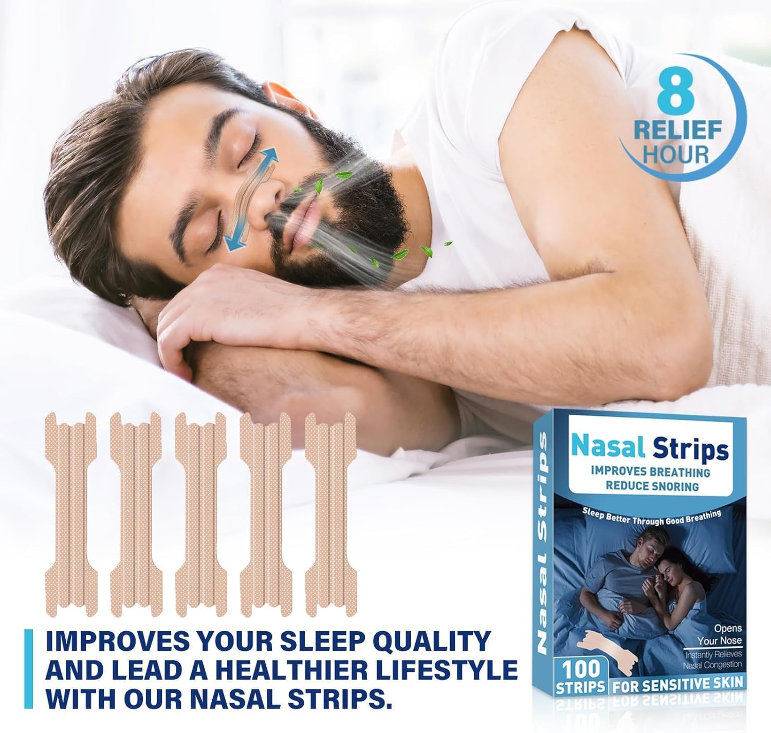 Nasal Strips for Snoring, Nose Strips 100 Pcs - Extra Strength Nose Strips for Breathing, Relieve Nasal Congestion, Extra Strength anti Snoring Solution for Men & Women，Snoring Strips image number 1