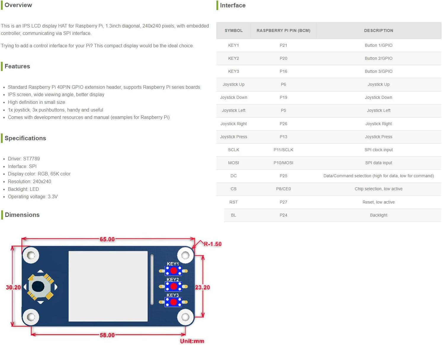 Waveshare 1.3Inch IPS LCD 240X240 Pixels Display HAT Compatible with Raspberry Pi Series Motherboards,Three Buttons on Board, Simple and Practical,Provide Supporting Materials and Manuals image number 3