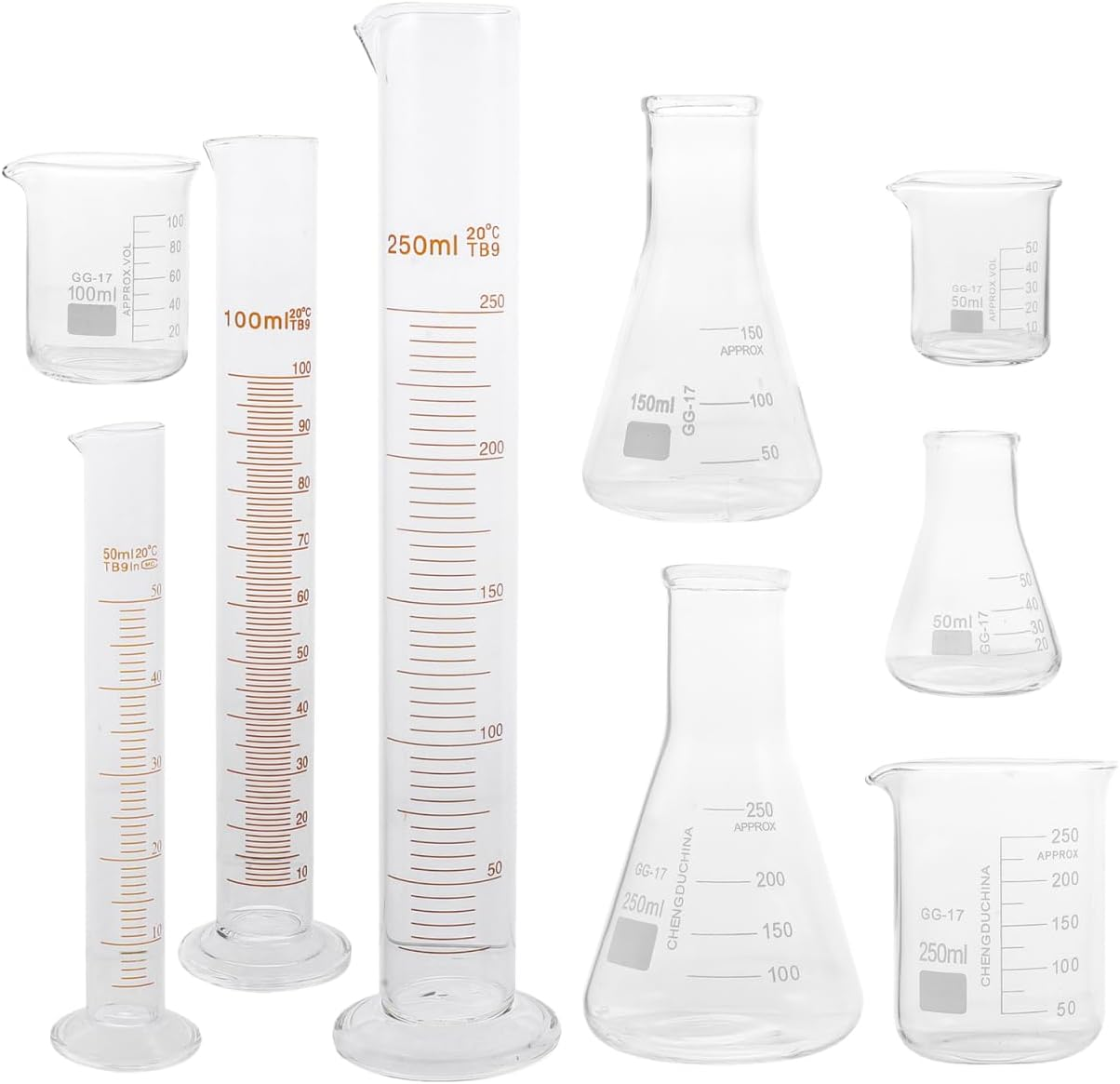 Baluue 9Pcs Set Chemistry Beaker Set Graduated Cylinder Measuring Cup Conical Flask High Durability Glass for Science Experiment