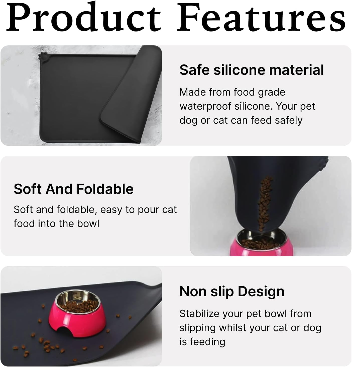 Dog and Cat Food Mat, Pet Feeding Mat for Food and Water, Non-Slip Silicone Pet Food Mat for Dog Bowl Mat Waterproof, Easy to Clean, Large Spill-Catching Surface, Bpa-Free, Durable, Eco-Friendly image number 3