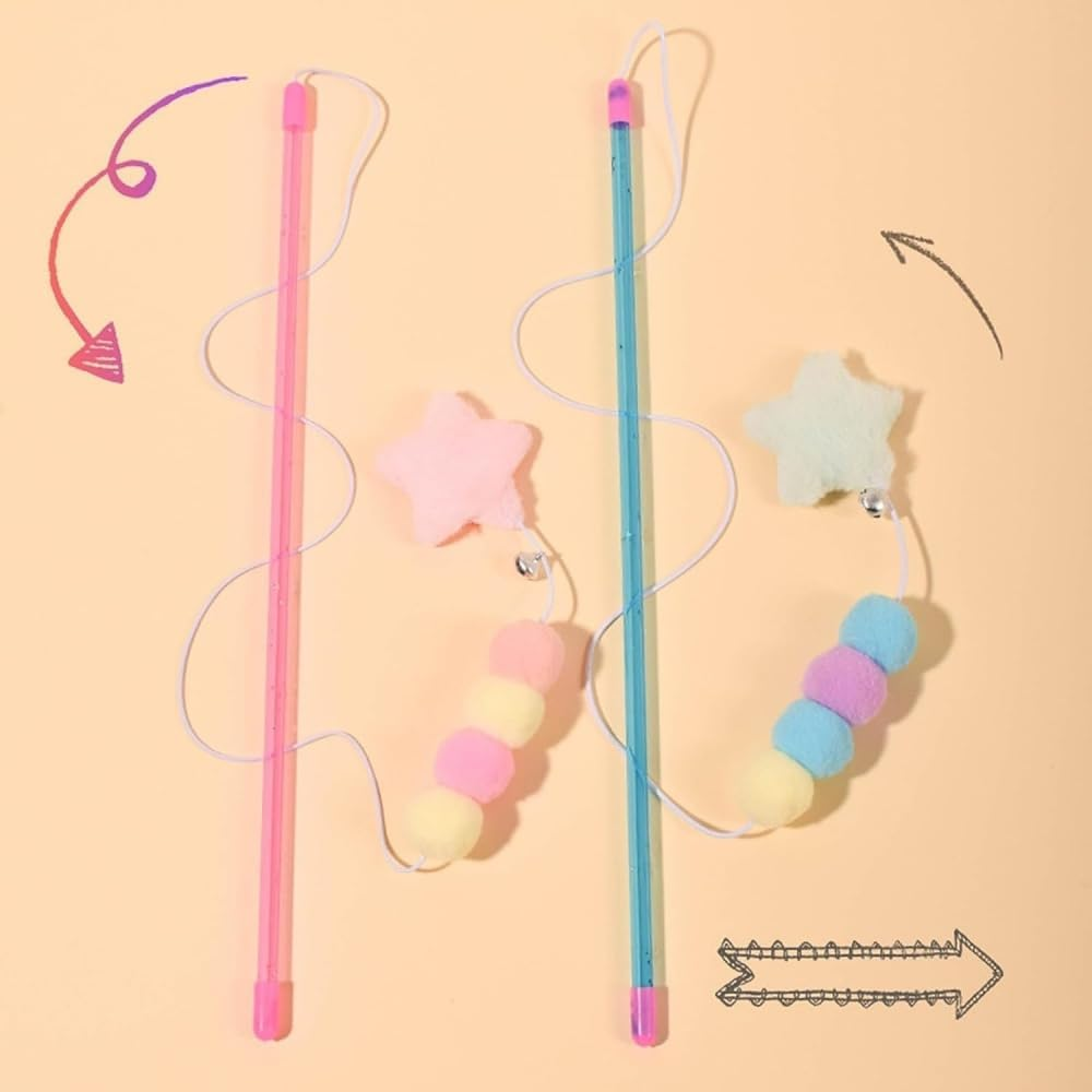 Typogrove Cat Toy Wand, Pink Cat Stick Toy Elastic Rope Plush Ball Star Pendant, Bite-Resistant Comfortable Grip Relieve Boredom, Handmade Kitten Teaser Wand Cat Mice and Animals Toys image number 2