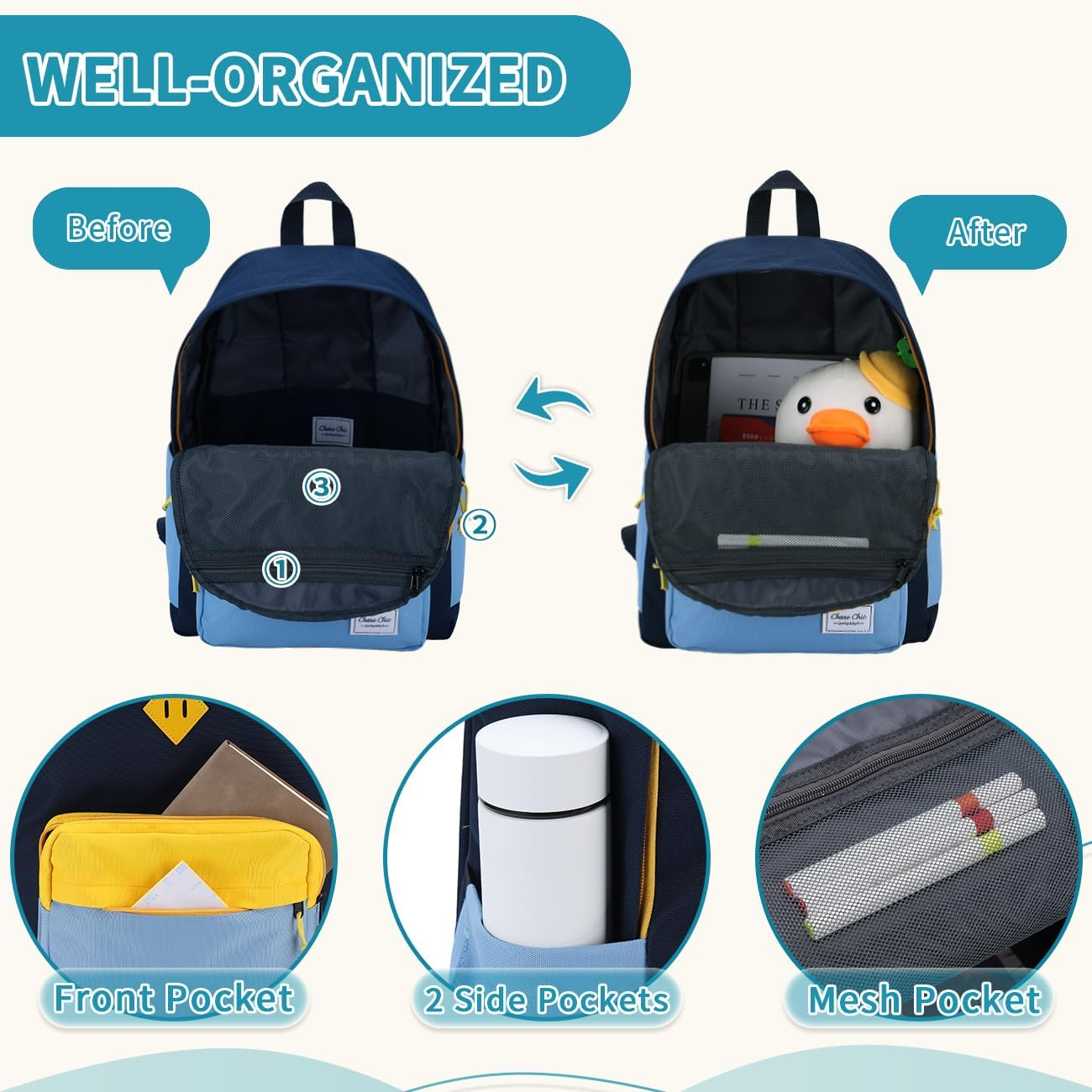 Chase Chic Kids Backpack, School Backpacks for Boys Girls, Lightweight Water Resistant Preschool Bookbag for Travel Daycare - Blue image number 3