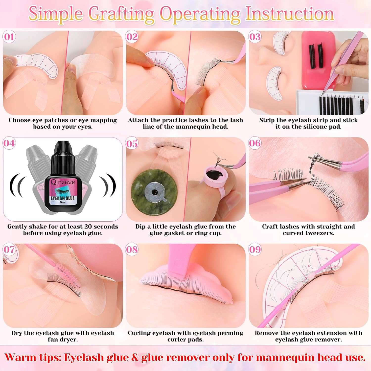 Lashes Kit for Eyelash Extension Beginners 470PCS Professional Lash Mannequin Head Practice Kit with Everything Lash Glue Lash Shampoo Lash Fan, Lash Extension Supplies for Practice Training image number 3