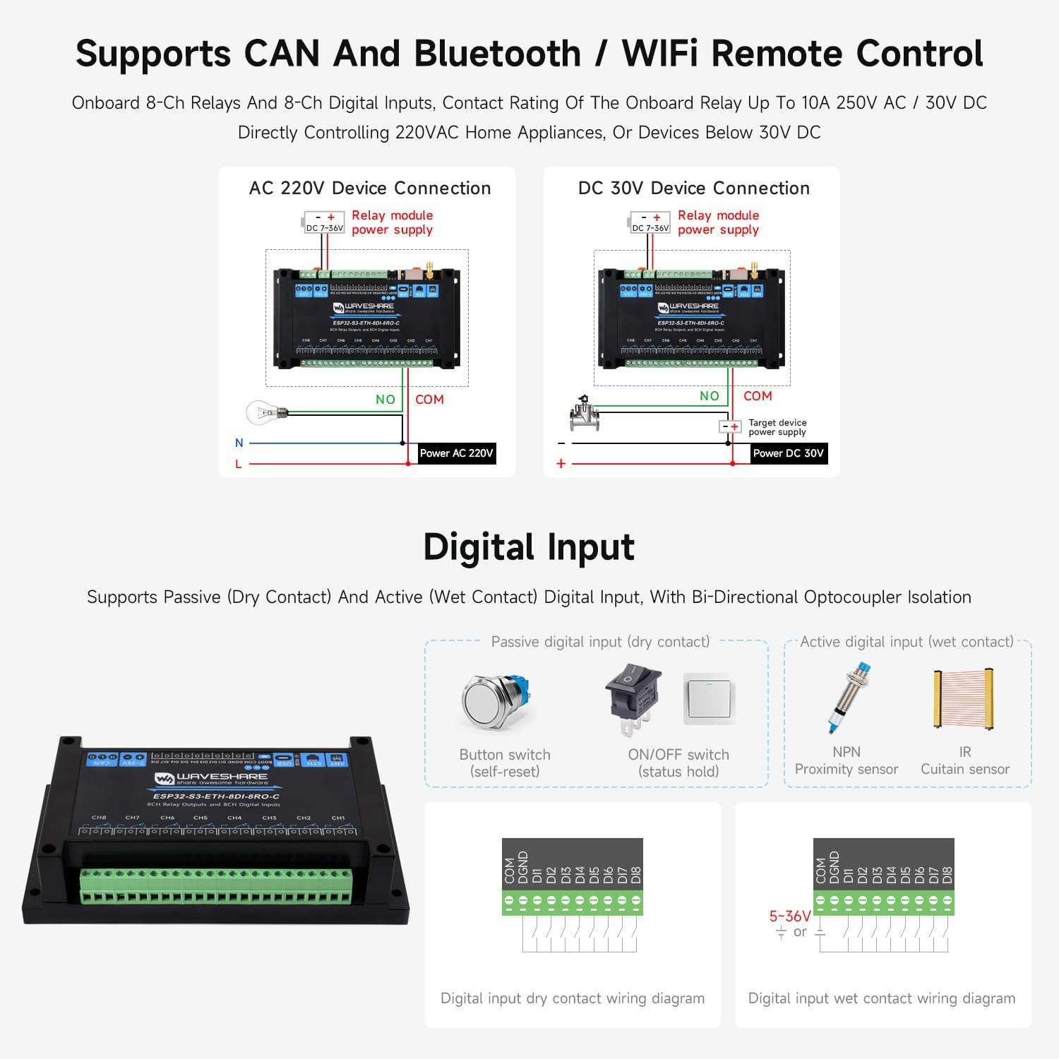 Waveshare Industrial 8-Channel ESP32-S3 Wi-F Relay Module, Isolated CAN Interface, Xtensa 32-Bit LX7 Dual-Core Processor, 240Mhz, Multiple Isolation Protection Circuits, Poe Ethernet Port image number 1