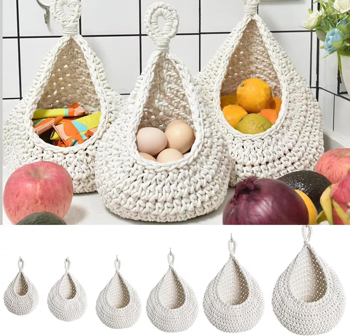 AIMALL Handmade Cotton Rope Wall Hanging Fruit Basket Storage Net Pocket Waterdrop Shape for Kitchen and Home Organisation image number 4