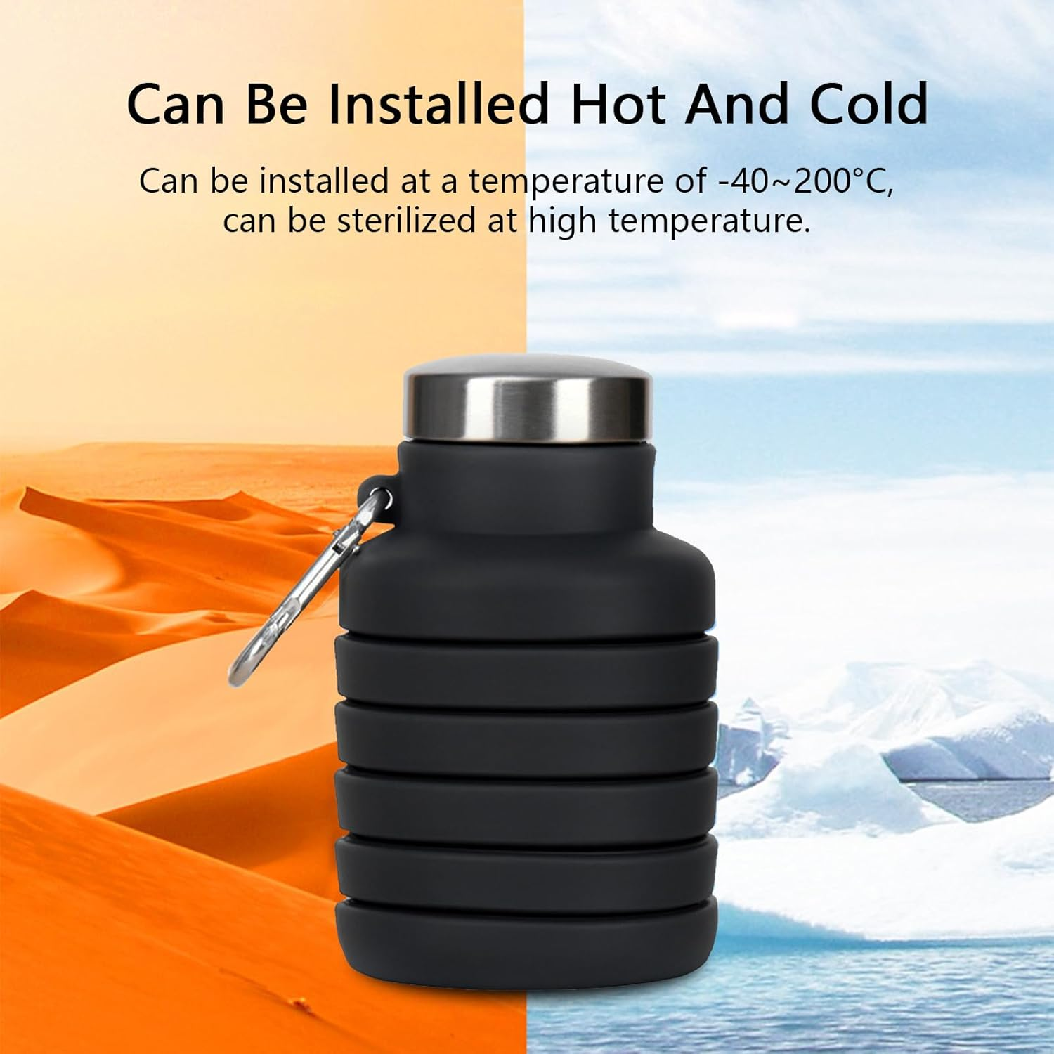 Collapsible Water Bottle, Foldable Water Bottles 17Oz, Portable Leak Proof Sports Water Bottle, BPA Free Reusable Travel Water Bottle, Silicone Collapsible Water Bottles with Carabiner (Black) image number 6