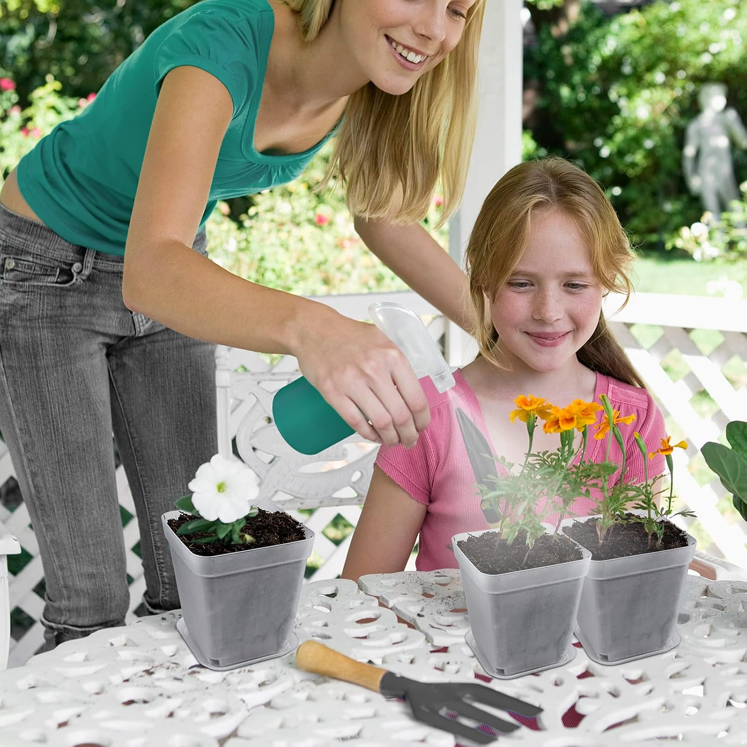 Square Nursery Pots Plastic 28 Pcs 3 Inches with Saucers and Plant Labels Reusable Seedling Pots Frosted Starter Plant Pots Mini Planter for Indoor/Outdoor image number 3