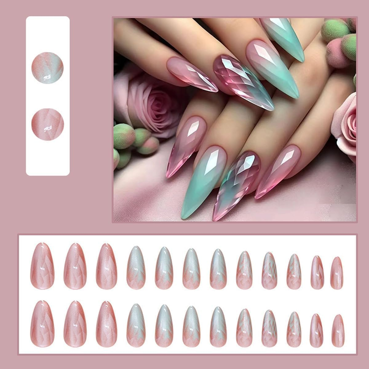 LYMCY Press on Nails, Gradient Cat Eye Nail, Artificial Nails for Women and Girls -24 Pcs image number 2