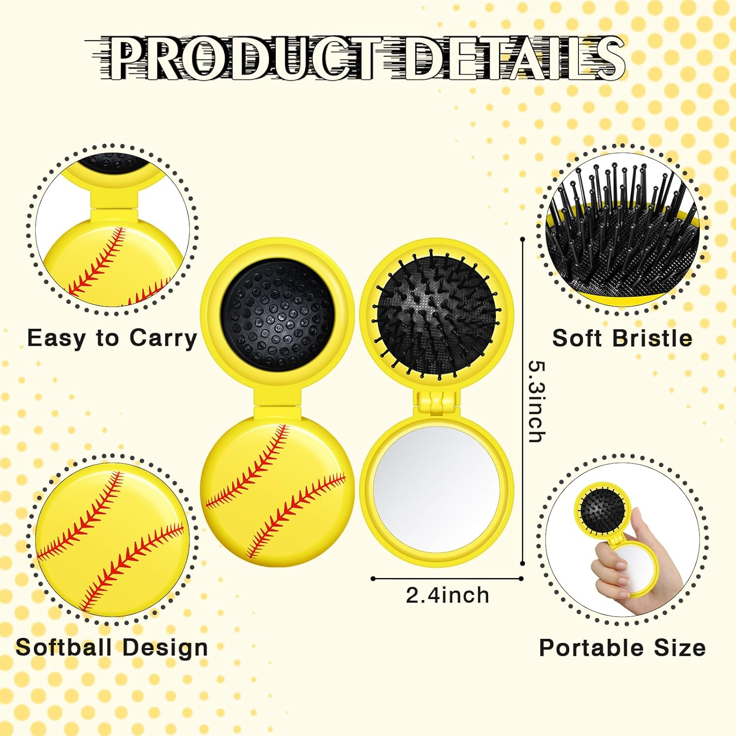 12 Pcs Softball Mini Detangler Brush, Folding Mirror Hair Brushes, Mini Travel Hair Brush, No Tangle Soft Flexible Bristles for Straight, Curly, Thick Hair for Softball Team Gift Sport Party image number 4