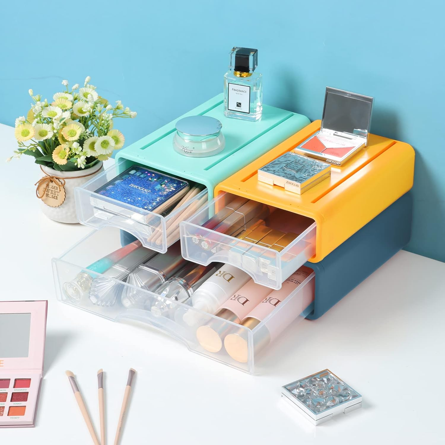 Osteed Blue Desktop Drawer for Paper, Stackable Office Storage Drawer for Desk, Craft Organizer and Storage Bin, Large Storage Container with Plastic Drawer for Office Supplies Desk Accessories - 2 Small Drawers, Yellow  Orange image number 3