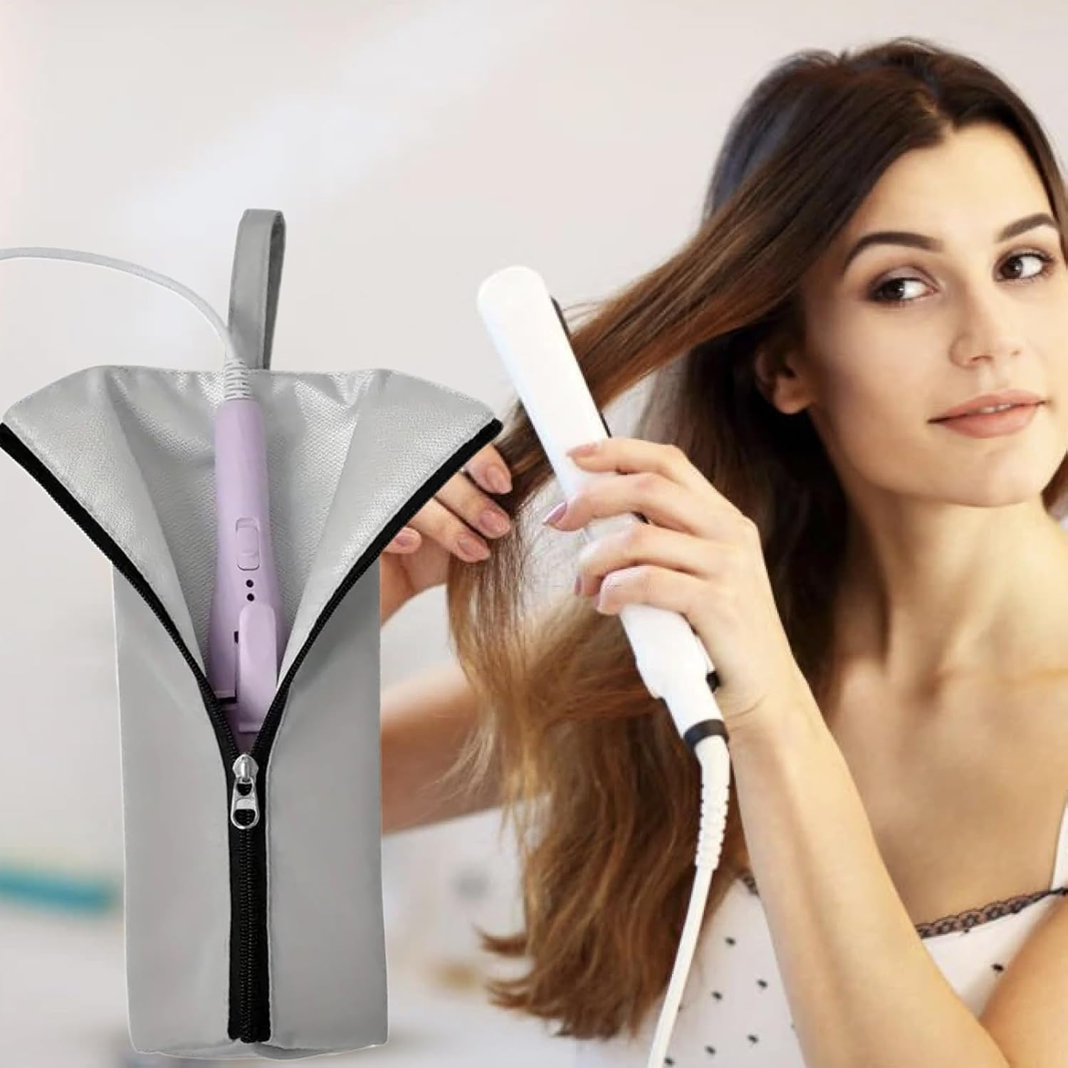 Curling Iron Travel Case,Heat Resistant Storage Pouch | Travel Portable Waterproof Curling Iron Storage Pouch for Home Vanity Table Salon RV Makeup Station Bathroom Styling image number 2