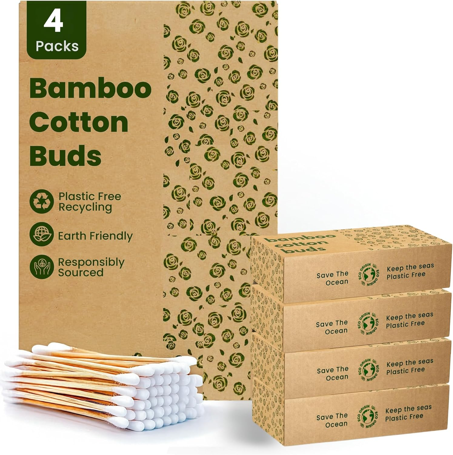 400 Bamboo Cotton Buds |100% Eco-Friendly Biodegradable | Cotton Wool Buds | Compostable Bamboo Earbuds | Recycled Plastic Free Packaging | Cotton Buds Bamboo | Cotton Ear Buds | 400 X Ear Buds Cotton image number 1