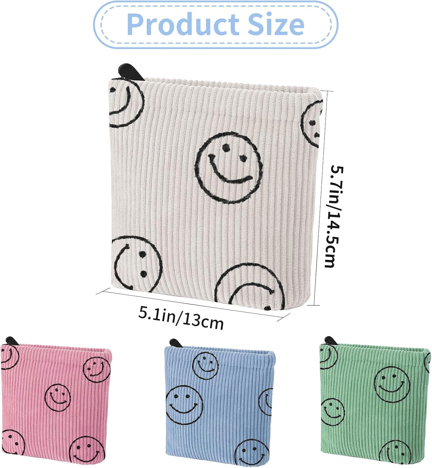Teircno 2 PCS Preppy Corduroy Period Bag for Women, Cute Smiley Face Sanitary Napkin Storage Bag Portable Period Pouch with Zipper, Sanitary Pads Bag Tampons Holder for Purse First Period - White+Green image number 6
