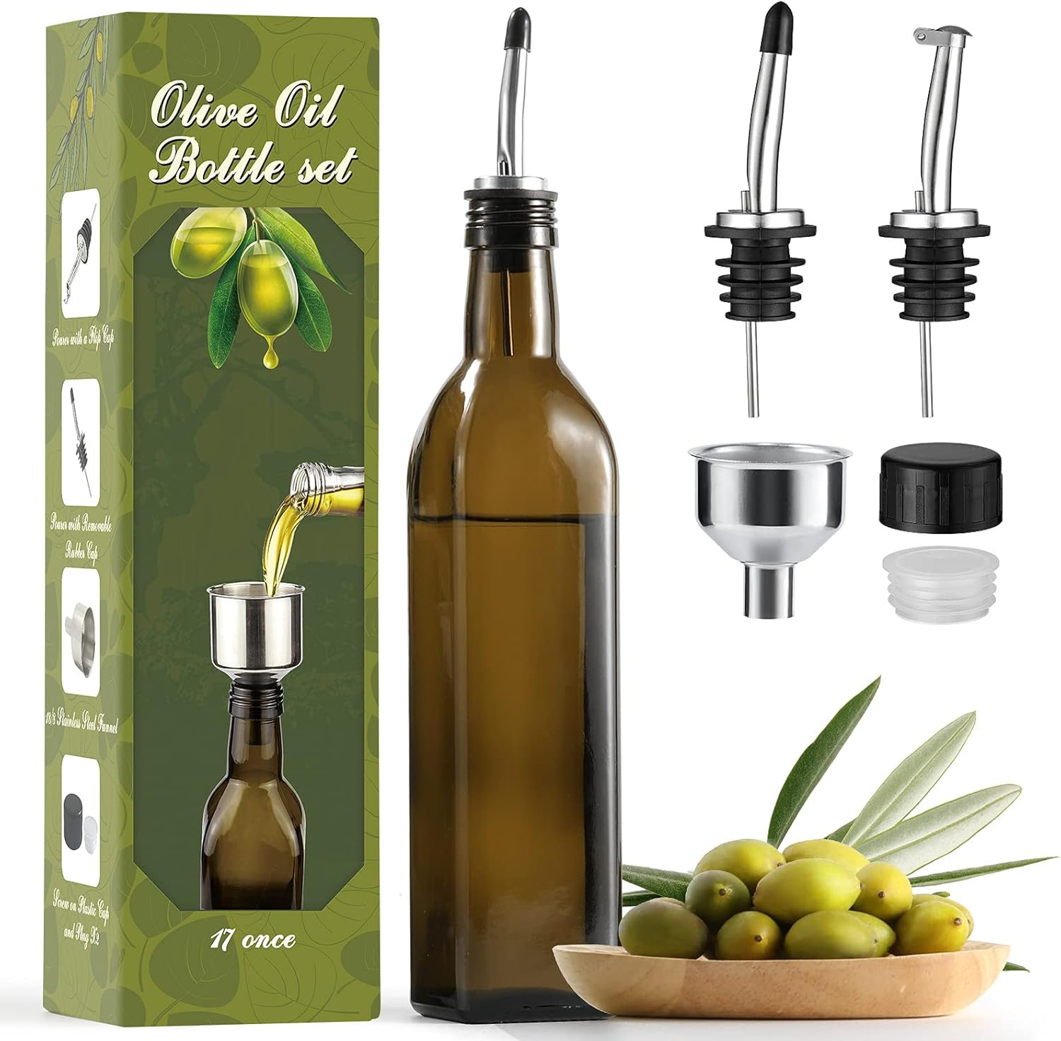AOZITA 17Oz Glass Olive Oil Dispenser Bottle - 500Ml Clear -Oil & Vinegar Cruet with Pourers and Funnel - Olive Oil Carafe Decanter for Kitchen