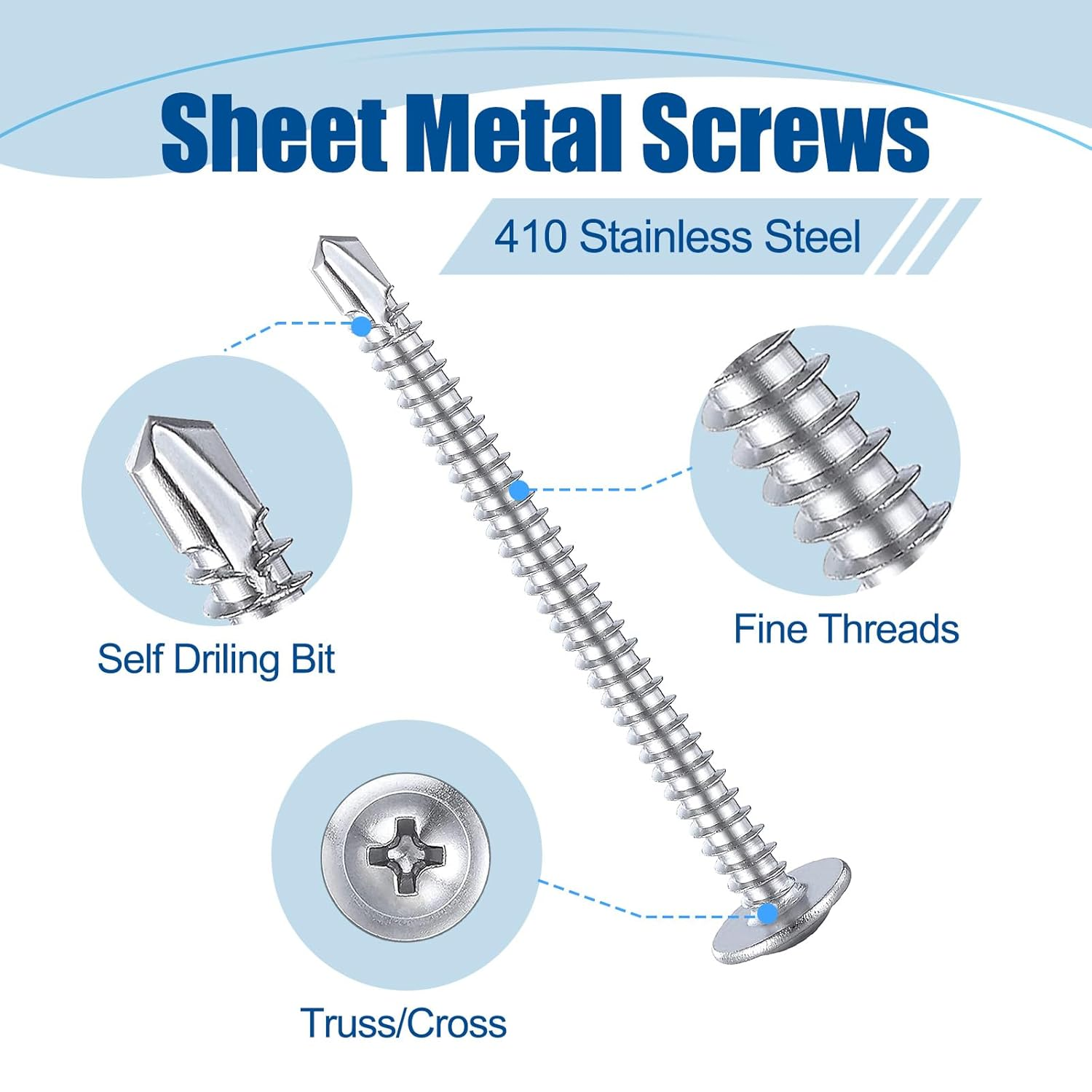 #8&times;1-1/4&Prime;（200Pcs） 410 Stainless Steel Self Drilling Screws, Truss Head Fast Self Tapping Screws image number 5