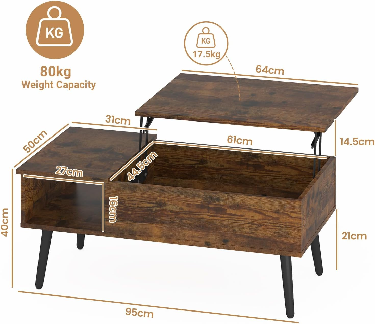 Advwin Lift Top Coffee Table with Hidden Large Compartment and Storage Shelf for Living Room Small Apartment Office Rectangle Wood Coffee Table Walnut - Black image number 5