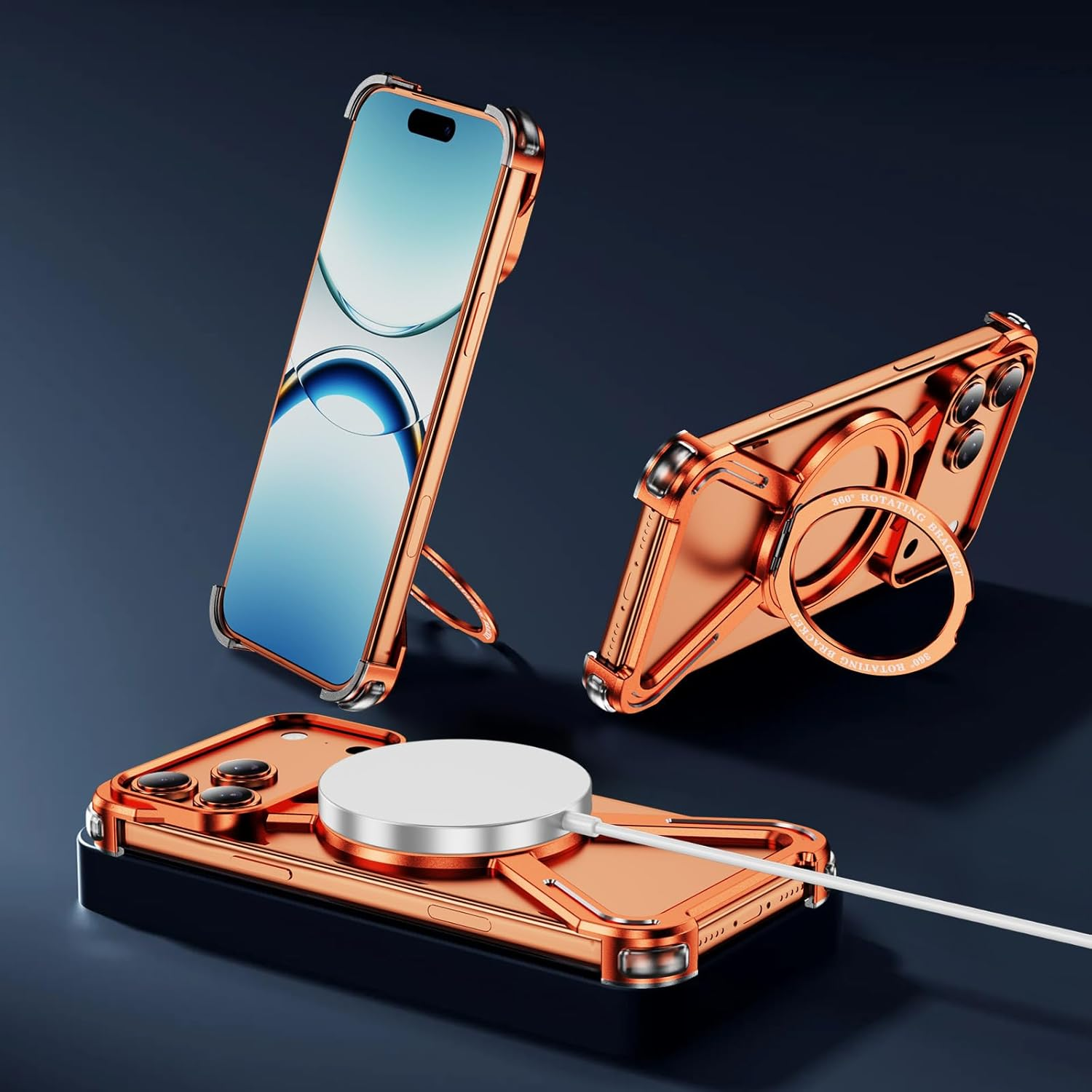 IMEIKONST Case for Iphone 17 Pro Max with 360&deg; Spin Magnetic Stand, [Compatible with Magsafe] Titanium Metal Frameless Military-Grade Drop Protection Cover for Iphone 17 Pro Max. Orange THJ image number 2