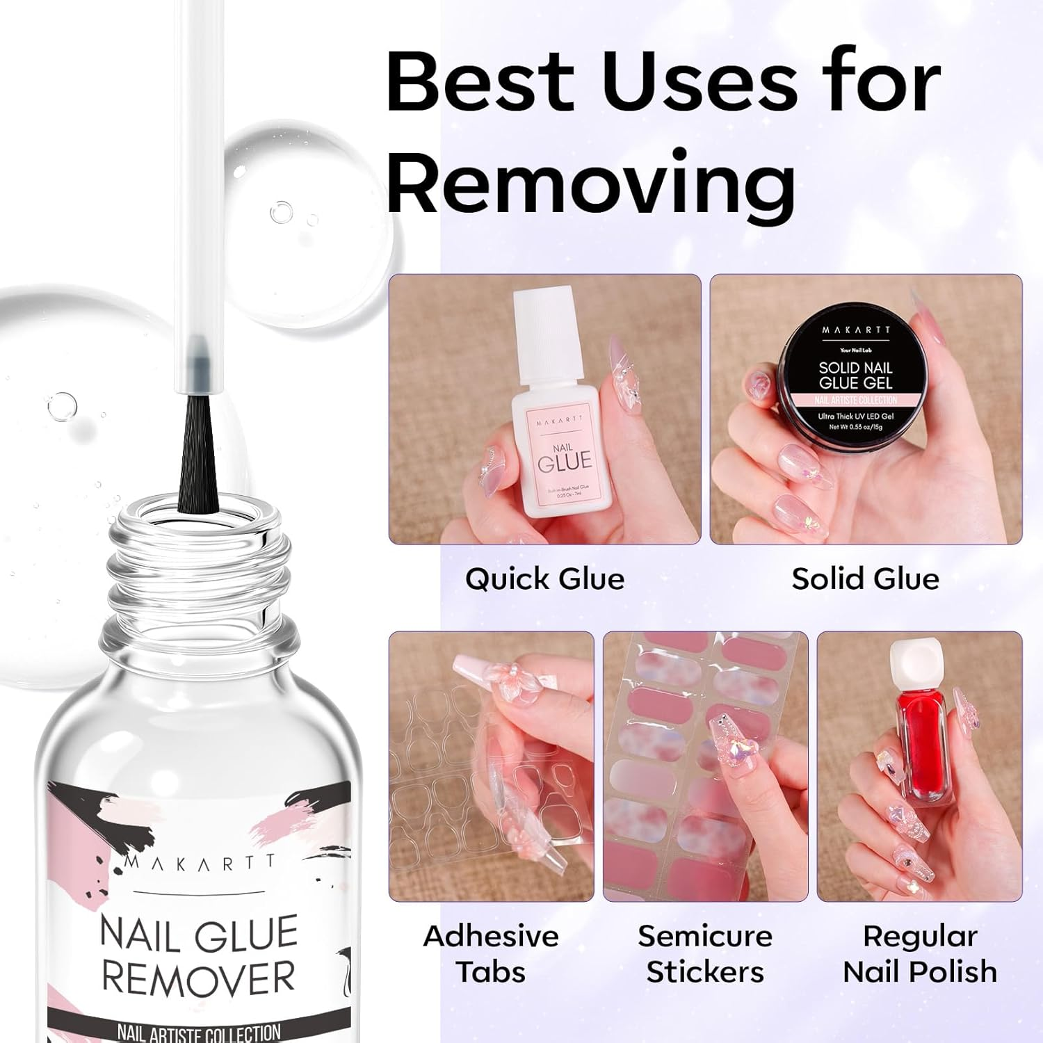 Makartt Nail Glue Remover for Press on Nails - 30ML Glueoff Easy Removal Versatile Debonder for Glue on Tips, Regular Polish, Quick Glues and Semi-Cured Sticker DIY Manicure Supply image number 6