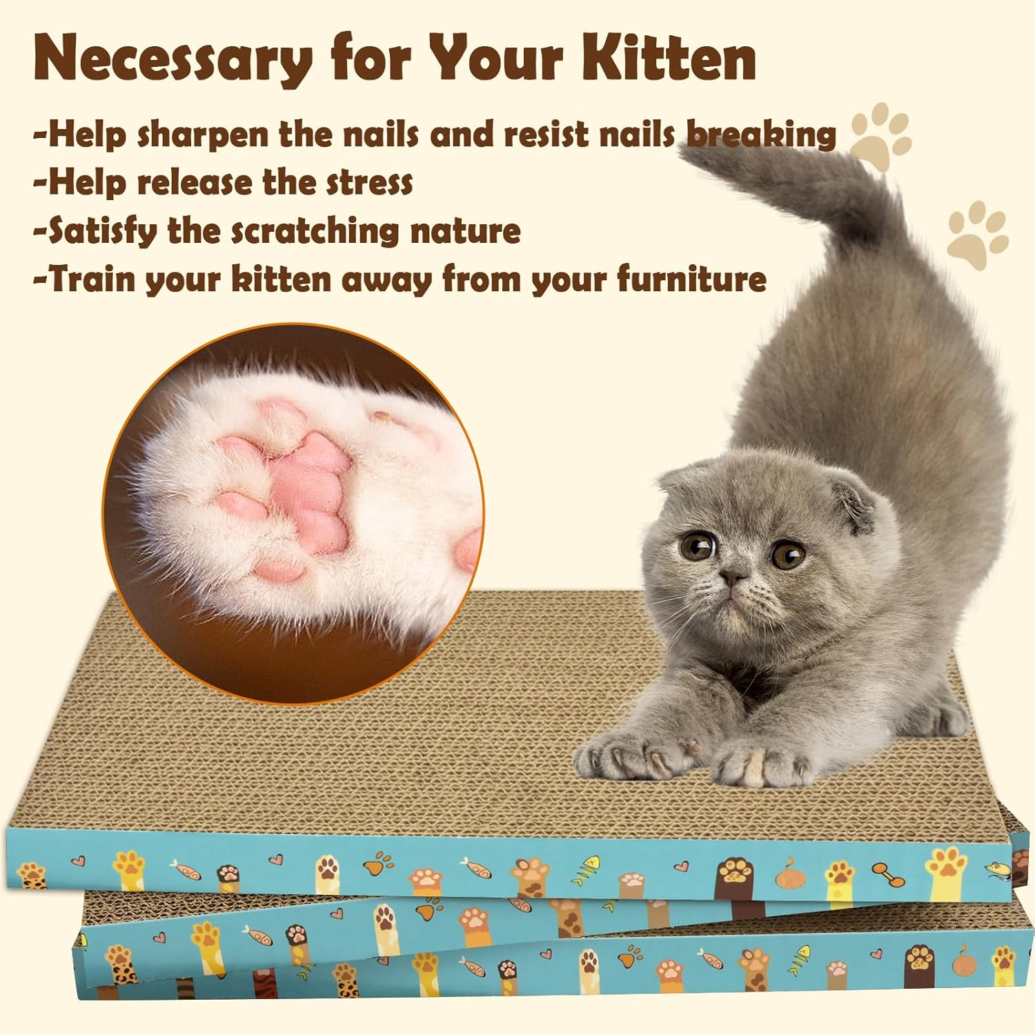 Cardboard Cat Scratcher 3 Pack Refill Reversible Cat Scratching Pad Durable Cat Scratchers for Indoor Cats Kitten to Protect the Furniture (Cat Paws) image number 4