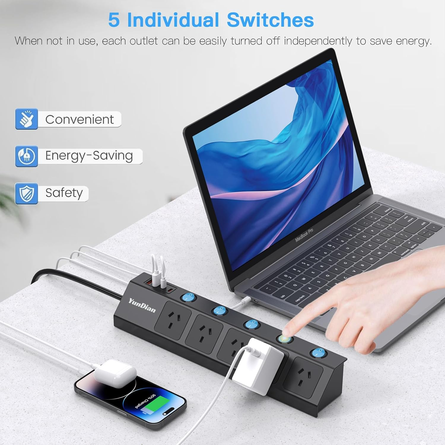 Yundian Power Strip with Individual Switches, 5 AC Outlets, 2 USB a and 2 USB C Surge Protector 2M Extension Cord, 2400W/10A, 170 Joules, USB Power Board Switch for Home and Office Use (Black) image number 1