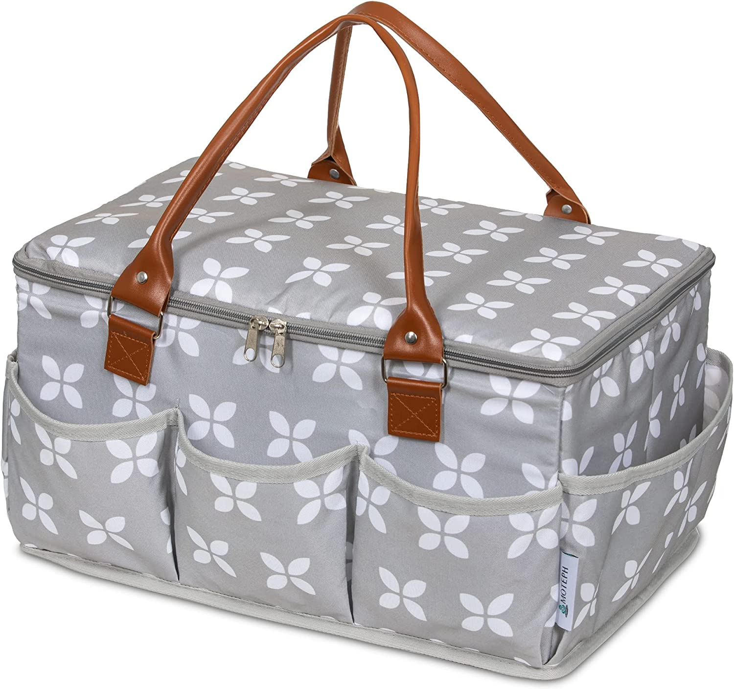 Moteph Diaper Caddy Organizer - Baby Caddy with Lid & Changing Mat, Car Diaper Caddy, Large Nursery Storage Diaper Tote Basket for Changing Table with Zip-Top Cover, Great for Baby Showers - Grey image number 3