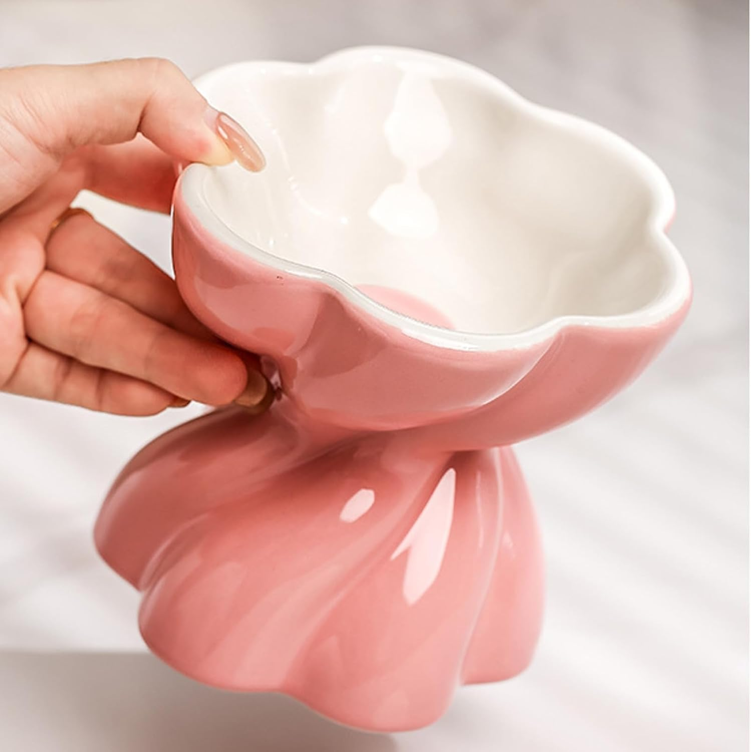 Ceramic Flower Cat Bowl, Tilt Elevated Cat Bowl, 5.5In Indoor Cat anti Vomit Cat Bowl, Pink image number 2